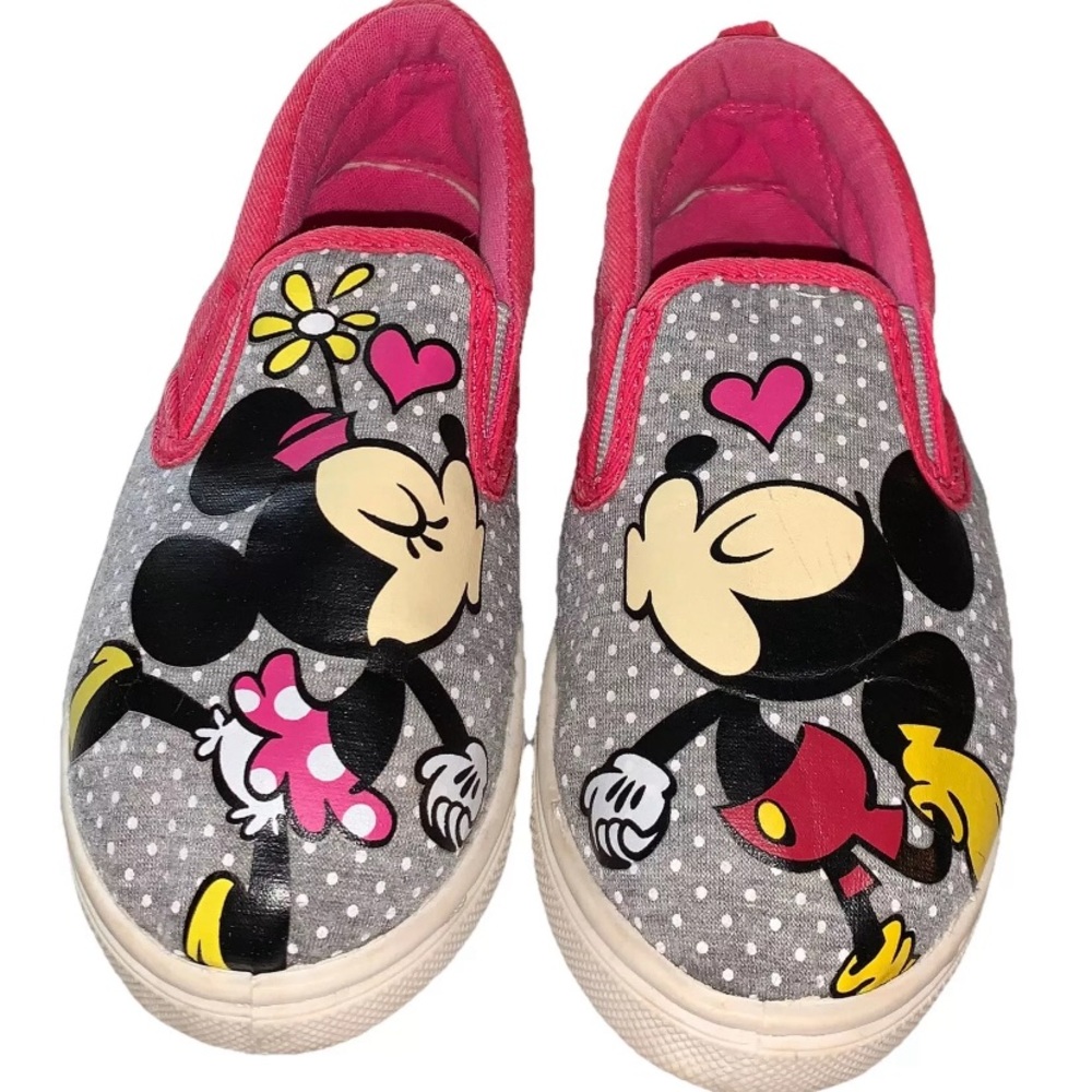 Disney Girls Minnie & Mickey Mouse Kissing Slip on Sneakers Gray Pink Sz.11 S277